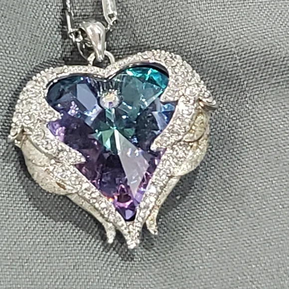 Angel Wings Love Silver White Zircon Sky Blue Crystal Pendant Necklace - Picture 7 of 13